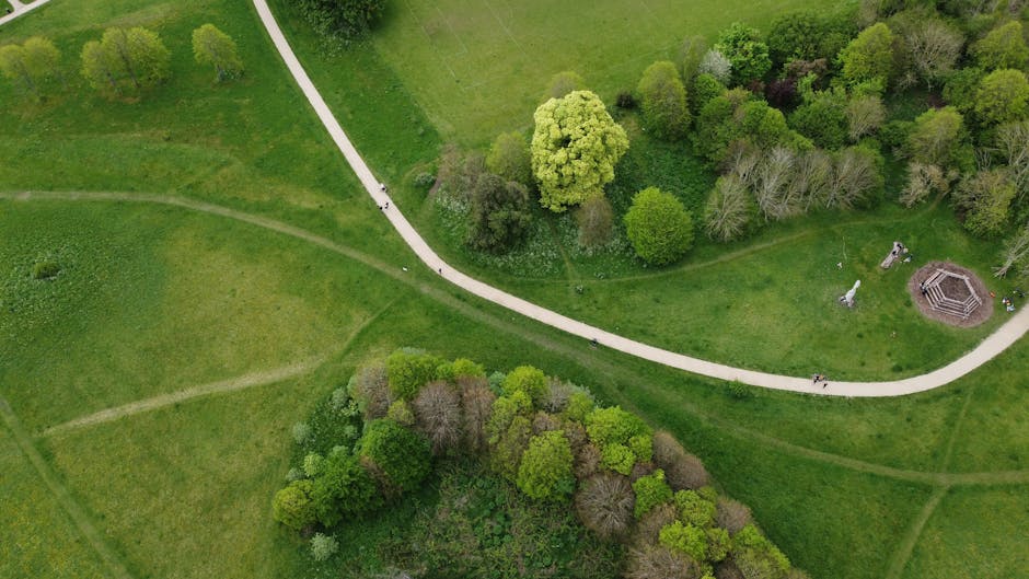 An aerial view of a green landscape showing a large grassy area intersected by a narrow dirt pathway and bordered by trees and shrubs. Adjacent to the open field is a small parking lot with several pa